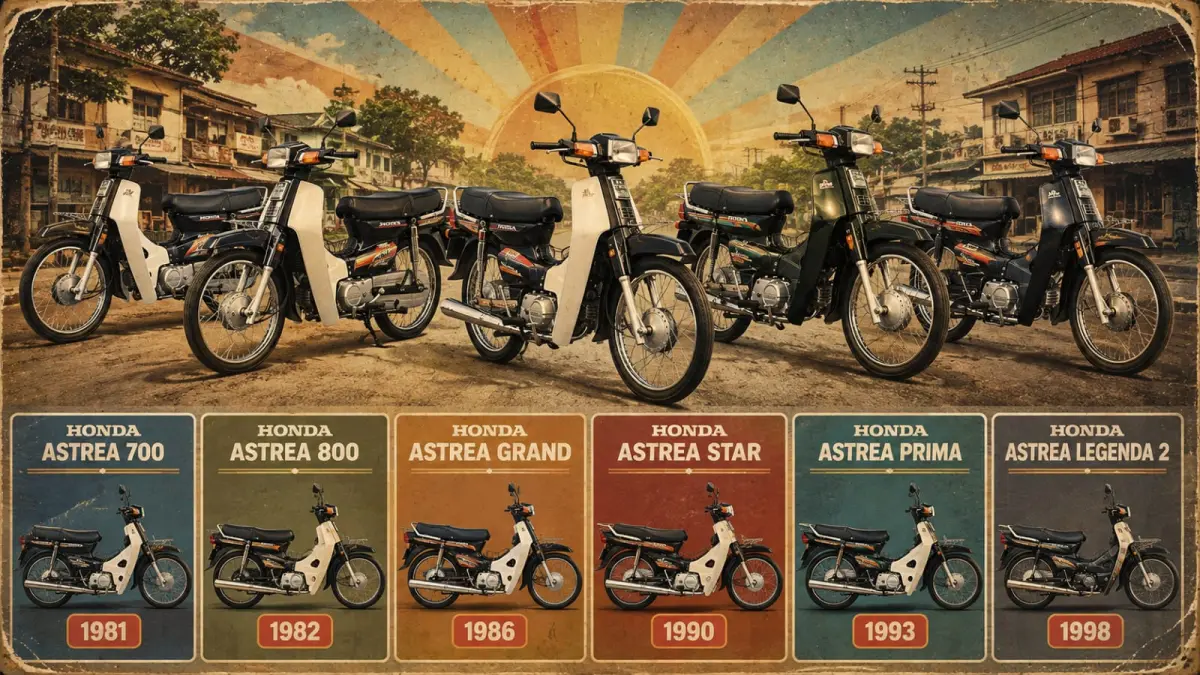 Ilustrasi: Deretan motor bebek Honda Astrea dari masa ke masa yang pernah mewarnai kehidupan masyarakat Indonesia di era tahun 1980-1990an. (ai/Sulistiono)