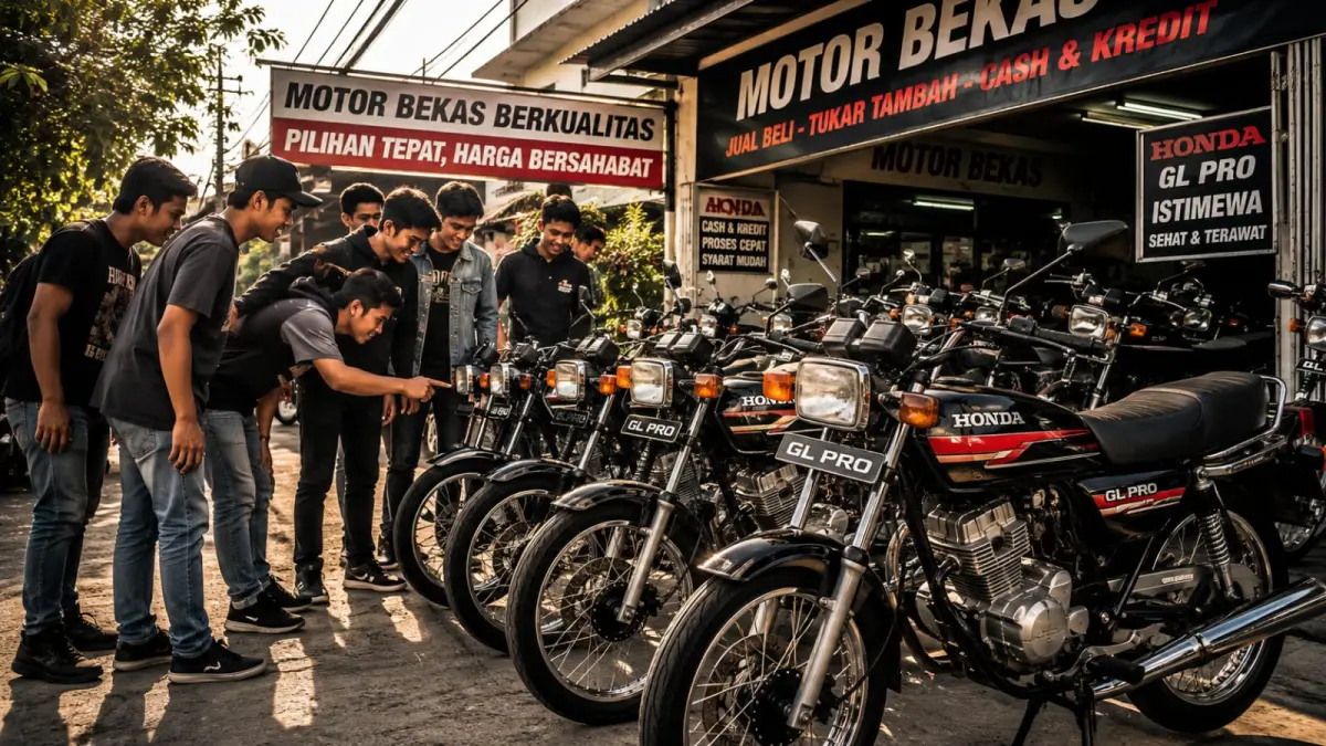 Ilustrasi: Sekelompok anak muda jaman now tengah asyik "hunting"motor klasik Honda GL Pro. (ai/Sulistiono)