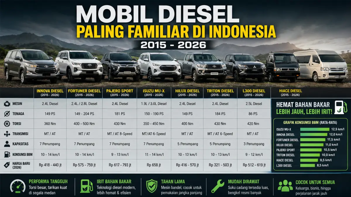 Daftar mobil diesel paling familiar di Indonesia 2015–2026