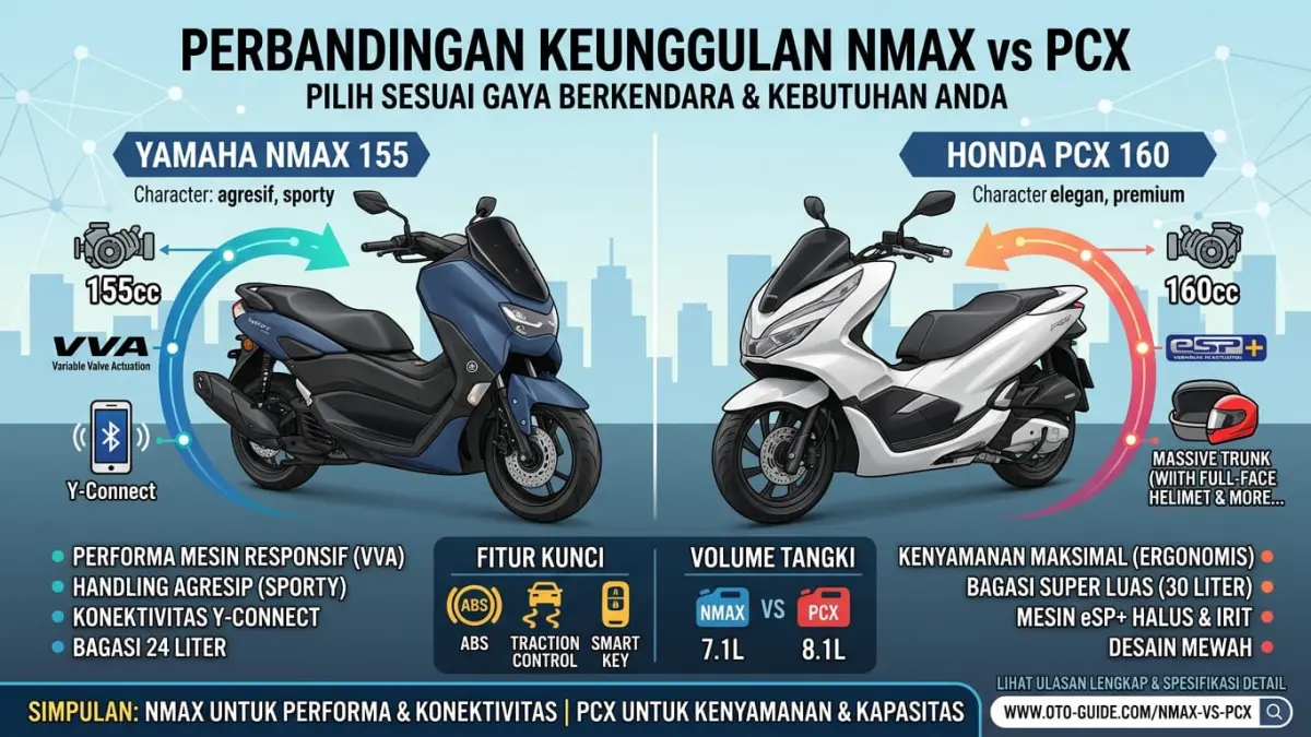Ilustrasi: Yamaha NMAX dan Honda PCX, dua motor matic di kelas 150cc yang bersaing ketat memperebutkan hati konsumen. Mana yang anda pilih?. (ai/Sulistiono)