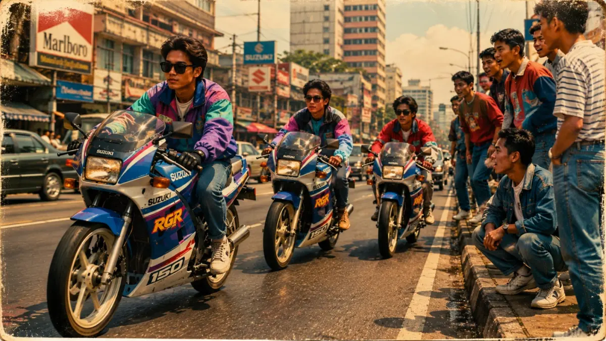 Ilustrasi: Di era tahun 1990an, motor sport 2Tak, Suzuki RGR 150 adalah motor idola anak muda jaman itu. (ai/Sulistiono)