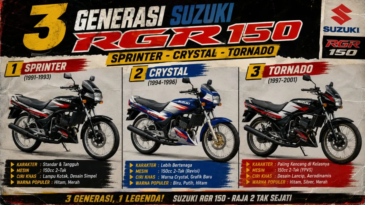 Ilustrasi : Tiga generasi Suzuki RGR 150 yakni Sprinter, Crystal dan Tornado atau Jumbo memiliki perbedaan dan spesifikasi sendiri-sendiri. (ai/Sulistiono)