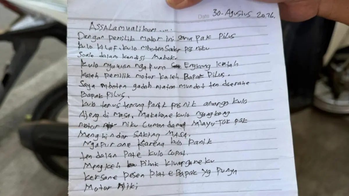 Surat cinta berupa permintaan maaf yang dituliskan pencuri motor, ketika mengembalikan hasil curian ditujukan kepada pemilik motor dan tokoh masyarakat Mangkang, Kadar Lusman