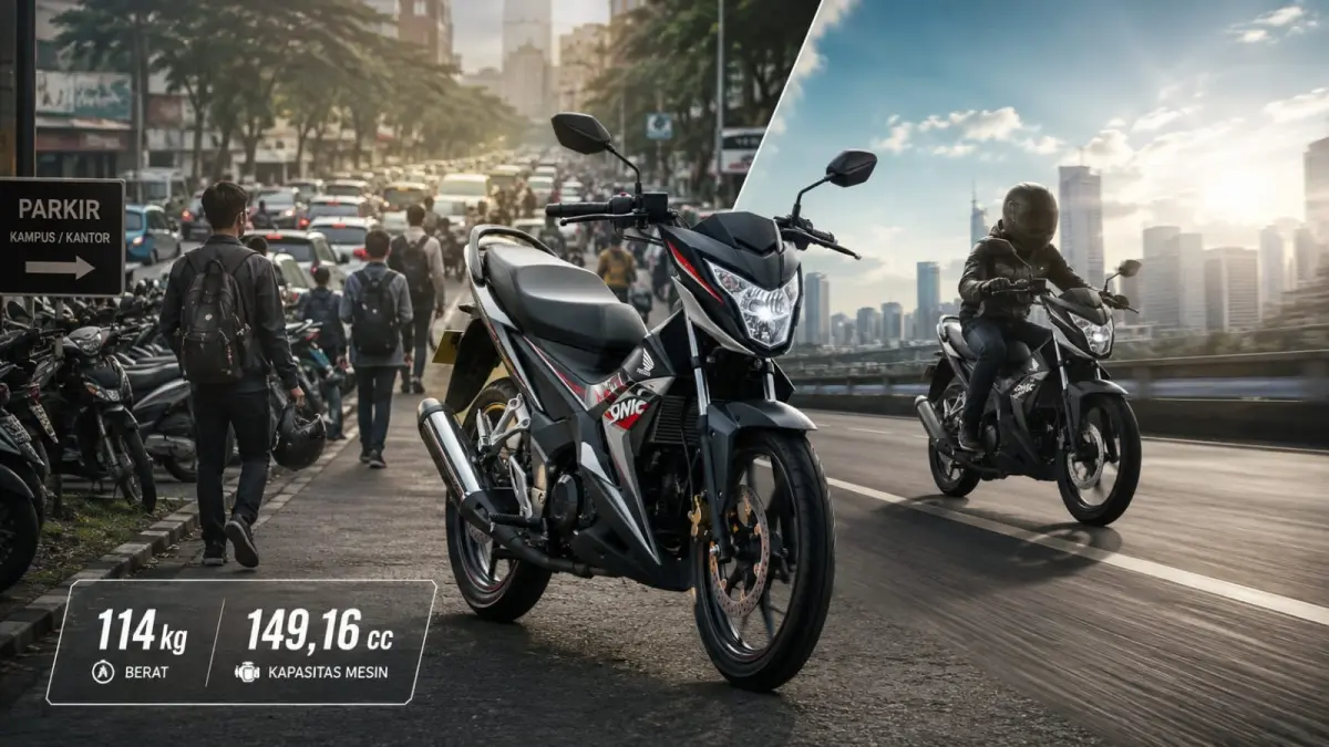 Ilustrasi: Dengan bobotnya yang ringan dan ramping, Honda Sonic 150R 2026 masih layak digunakan untuk kendaraan operasional harian. (ai/Sulistiono)