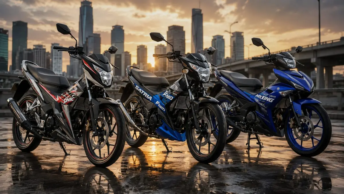 Ilustrasi: Honda Sonic 150R punya dua rival kuat di kelas bebek sport 150 cc, yakni Suzuki Satria F150 dan Yamaha MX King 150. (ai/Sulistiono)
