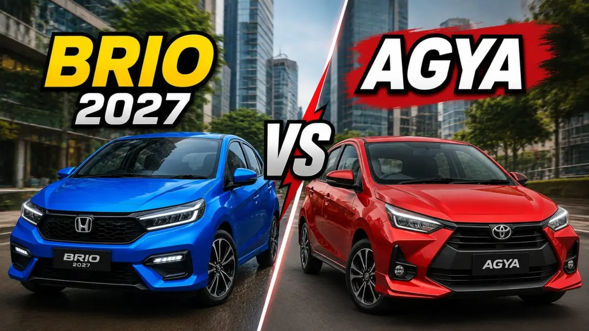 Ilustrasi Honda Brio 2027 dan Toyota Agya. Jika rumor Brio hybrid dan fitur keselamatan terbaru terealisasi, persaingan keduanya bakal semakin menarik. (ai/Sulistiono)
