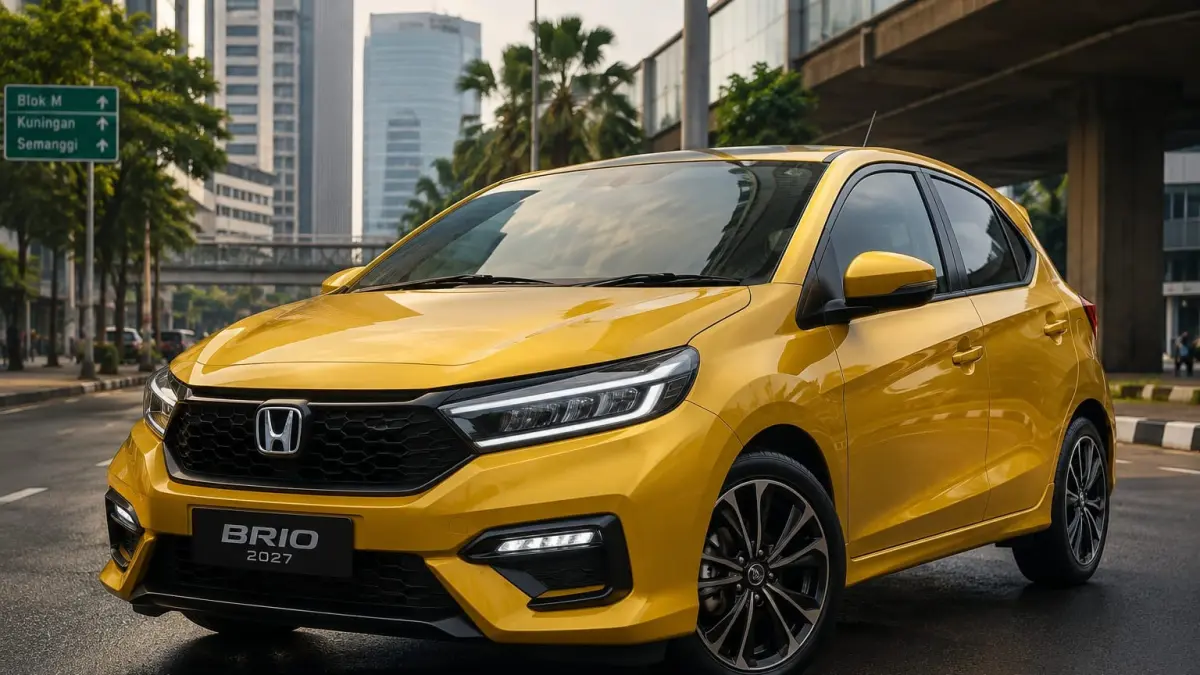 Ilustrasi prediksi Honda Brio 2027 yang disebut-sebut bakal tampil lebih modern dengan teknologi hybrid dan fitur keselamatan lebih lengkap. (ai/Sulistiono)
