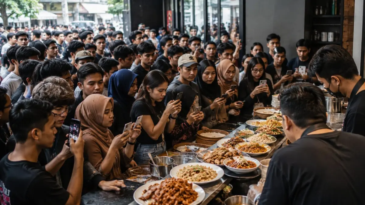 Ilustrasi; Seringkali orang rela antre berjam-jam, berdesak-desakan untuk merasakan makanan disebuah tempat makan yang viral. Bukan hanya soal rasa, tapi terkadang fomo,yang menyebabkan orang rela antre. (ai/Sulistiono)