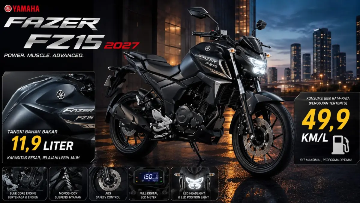 Yamaha Fazer FZ15 2027 memiliki tangki 11,9 liter dan diklaim mampu mencapai konsumsi rata-rata 49,9 km/l berdasarkan pengujian tertentu. (ist)

