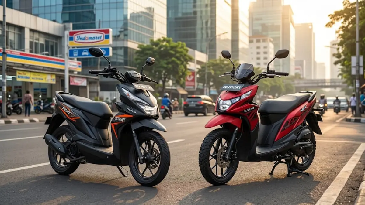 Ilustrasi: Honda BeAT Street 2026 dan Suzuki NEX Crossover sama-sama menawarkan desain skutik dengan naked handlebar, tetapi membawa karakter berbeda untuk menarik konsumen. (ai/Sulistiono)