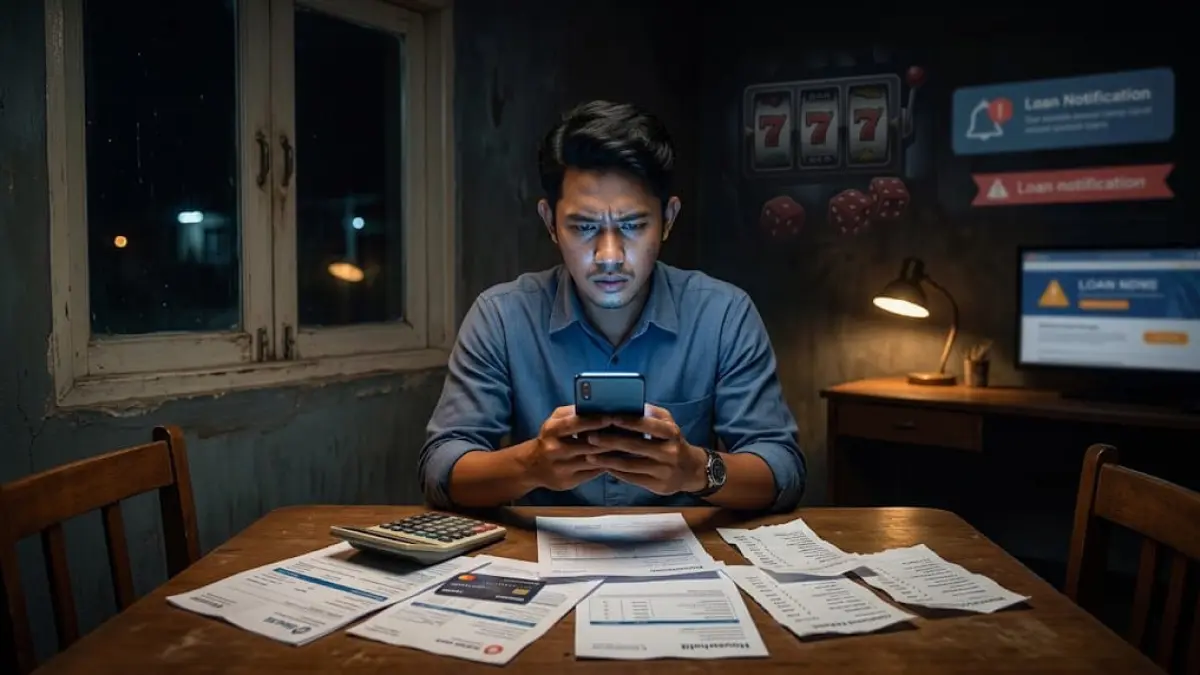 Ilustrasi tekanan ekonomi yang dapat membuat masyarakat rentan mencari solusi finansial cepat melalui pinjol maupun judi online. (ai/Sulistiono)