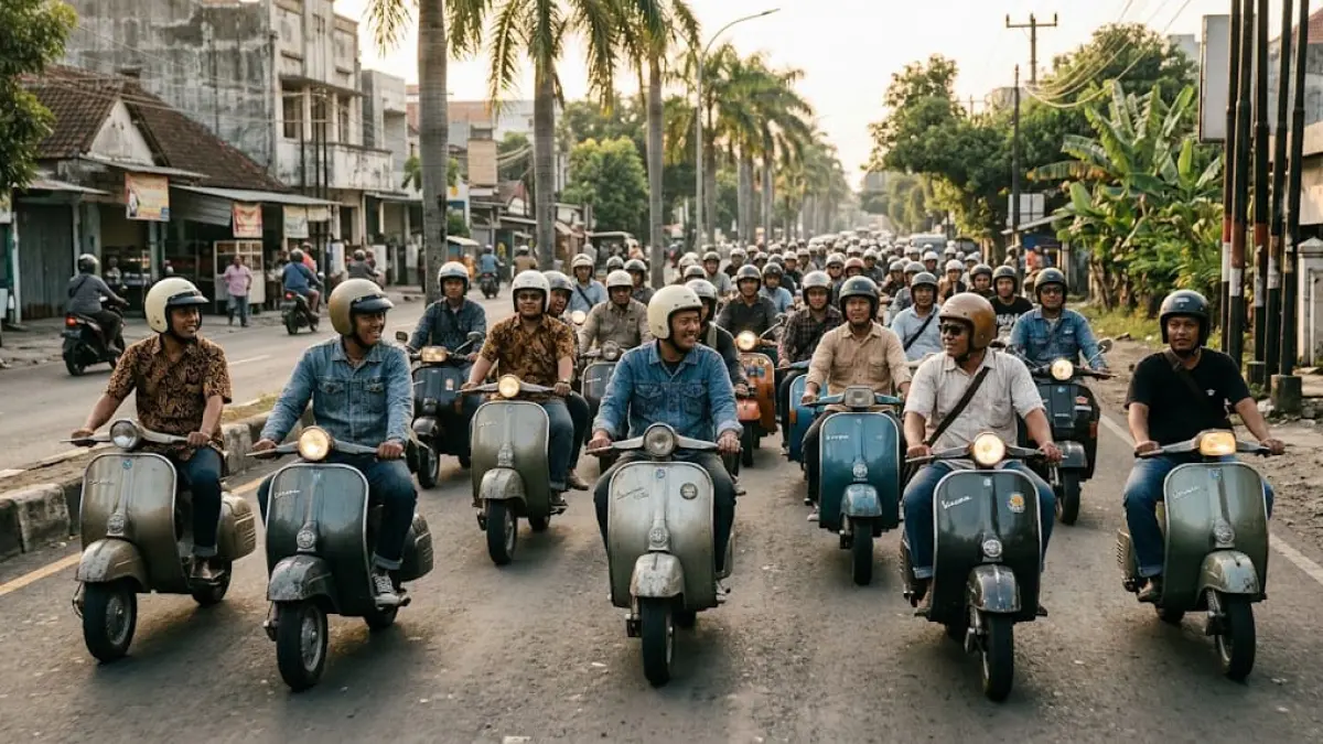 Ilustrasi: Komunitas Vespa Indonesia dikenal dengan semangat solidaritas dan slogan “Satu Vespa Sejuta Saudara”. Touring dan kopdar menjadi bagian dari aktivitas para penggemar Vespa klasik. (ai/Sulistiono)
