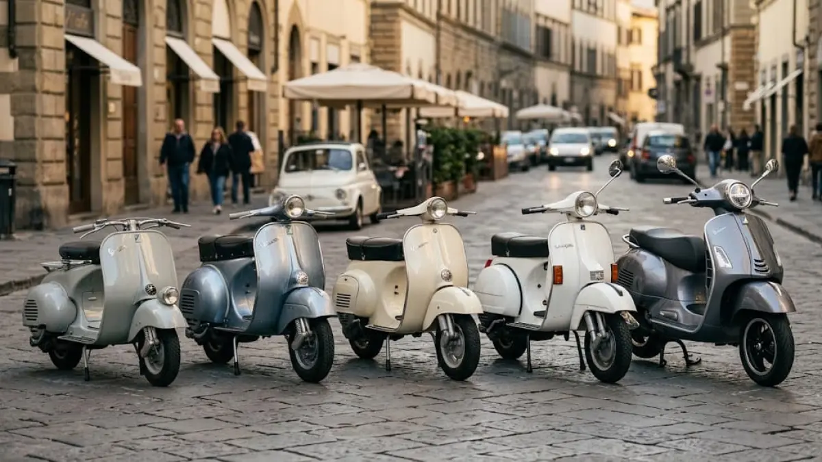 Ilustrasi: Perjalanan Vespa telah berlangsung sejak 1946. Dari Vespa 98 hingga Primavera dan GTS modern, setiap generasi membawa perubahan desain dan teknologi tanpa meninggalkan identitas khas Vespa.  (ai/Sulistiono)