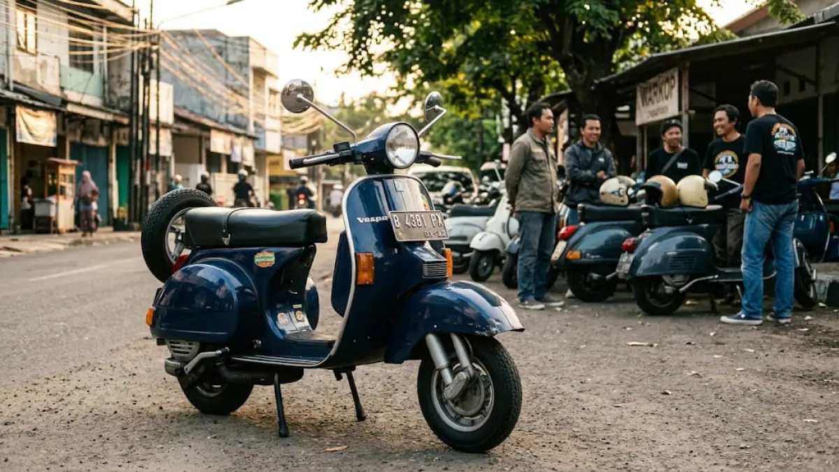 Ilustrasi: Vespa PX menjadi salah satu model Vespa yang memiliki sejarah panjang di Indonesia. Desain klasik dan karakter mesin 2-tak membuatnya tetap diminati penggemar Vespa hingga kini (ai/Sulistiono)