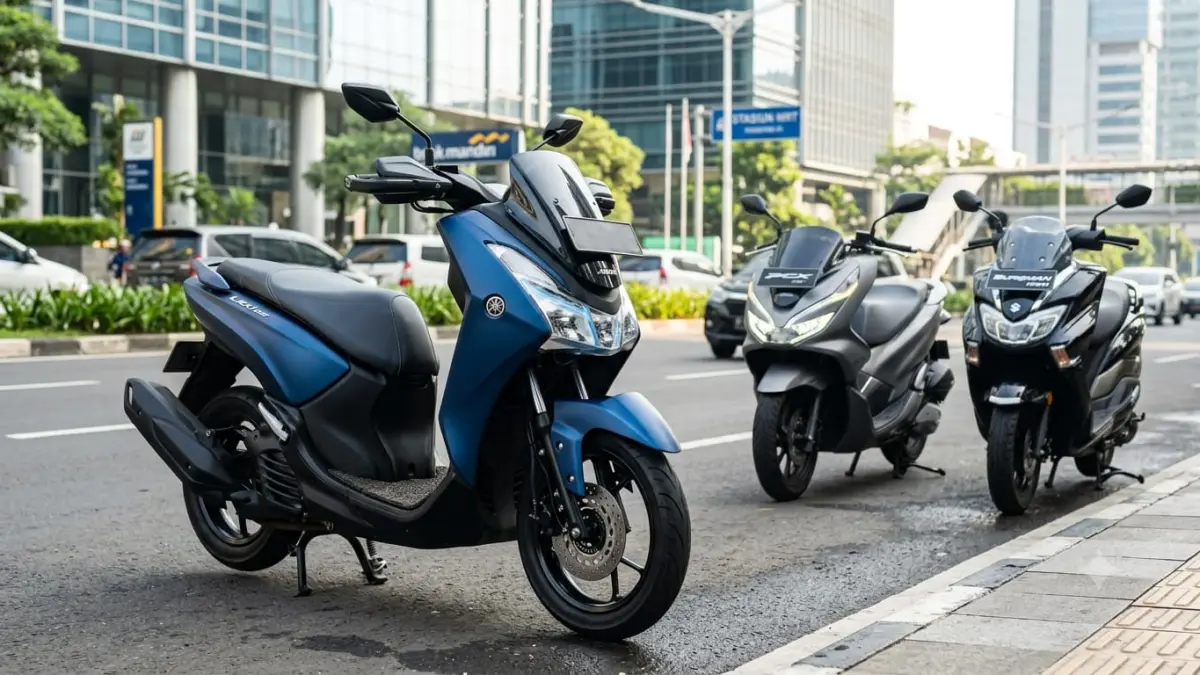 Ilustrasi: Yamaha Lexi LX 155 bersama Honda PCX 160 dan Suzuki Burgman Street 125EX sebagai pilihan skutik. (ai/Sulistiono)
