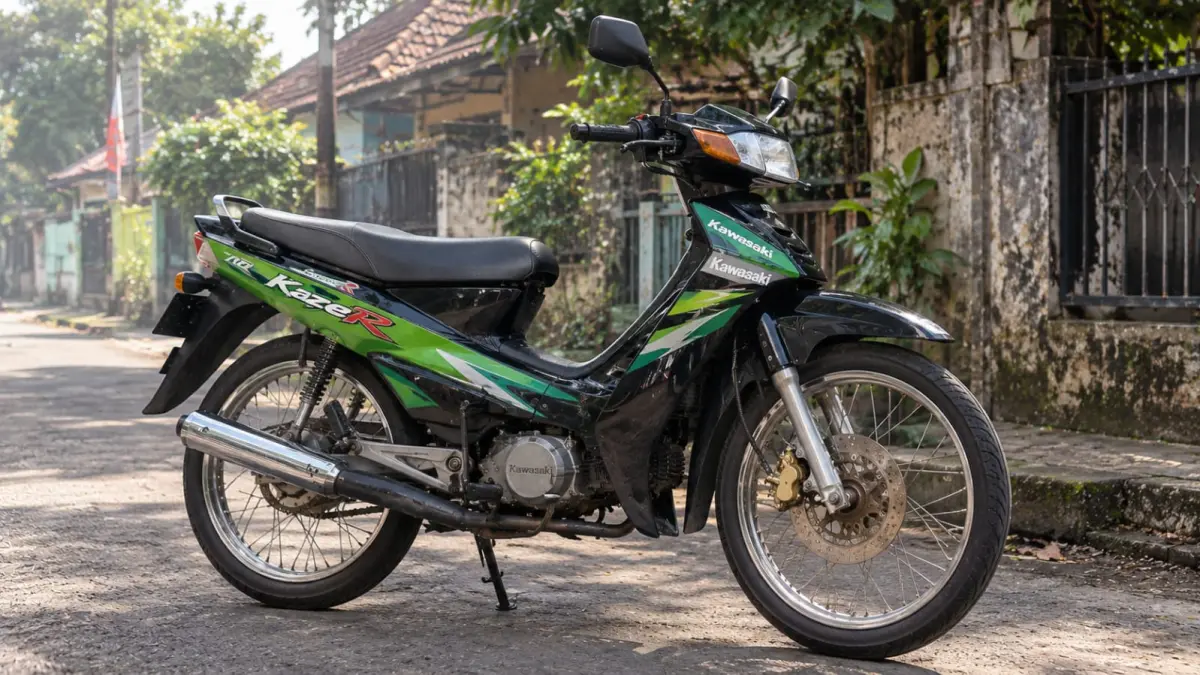Ilustrasi: Kawasaki Kaze R merupakan motor bebek lawas yang hadir pada era 1990-an dan dikenal memiliki rem cakram depan serta karakter mesin yang menarik untuk kelasnya. (ai/Sulistiono)