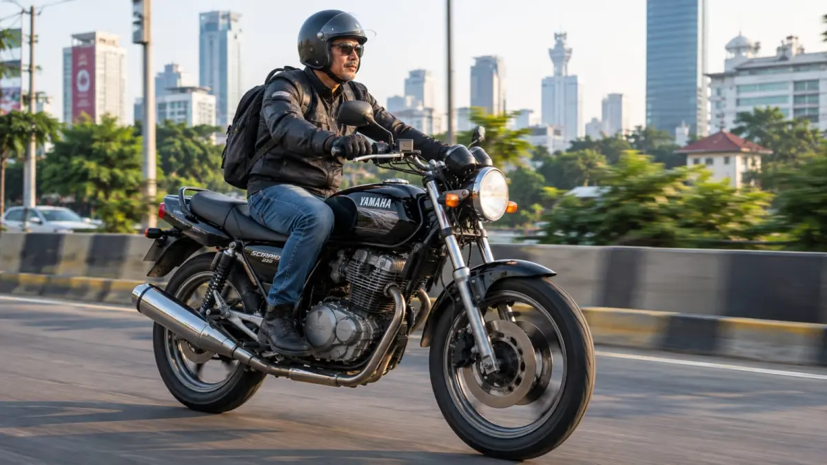 Ilustrasi: Yamaha Scorpio generasi awal dengan mesin 225 cc dan desain tangki kotak khas Scorpio Steko. Meski usianya sudah lebih dari 20 tahun, motor ini masih menarik digunakan untuk harian maupun perjalanan luar kota jika kondisinya terawat. (ai/Sulistiono)