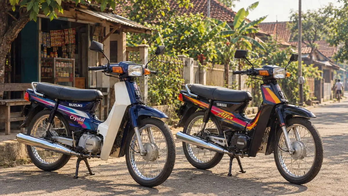 Ilustrasi: Suzuki Crystal dan Yamaha Alfa menjadi dua motor bebek 2-tak yang mewarnai persaingan otomotif Indonesia pada awal 1990-an. Crystal hadir dengan mesin sekitar 109 cc dan teknologi Jet Cooled, sementara Alfa lebih dulu dikenal di kelas motor bebek 2-tak. (ai/Sulistiono)