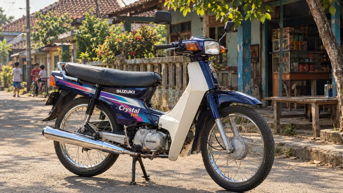 Ilustrasi: Suzuki Crystal menjadi salah satu motor bebek 2-tak yang identik dengan era 1990-an. Mesin 109 cc dan karakter khas 2-taknya membuat motor lawas Suzuki ini masih menarik bagi penggemar otomotif klasik. (ai/Sulistiono)