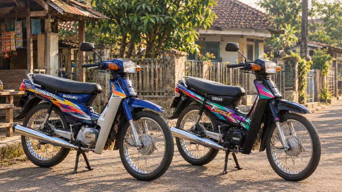 Ilustrasi: Suzuki Tornado dan Yamaha Force 1 menjadi bagian dari persaingan motor bebek 2-tak yang meramaikan jalanan Indonesia pada era 1990-an. Kini, keduanya semakin lekat dengan dunia motor klasik dan nostalgia. (ai/Sulistiono)