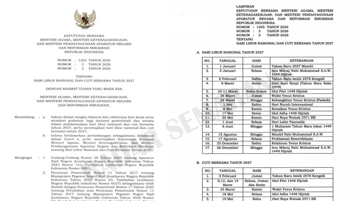 SKB 3 Menteri libur nasional 2027
