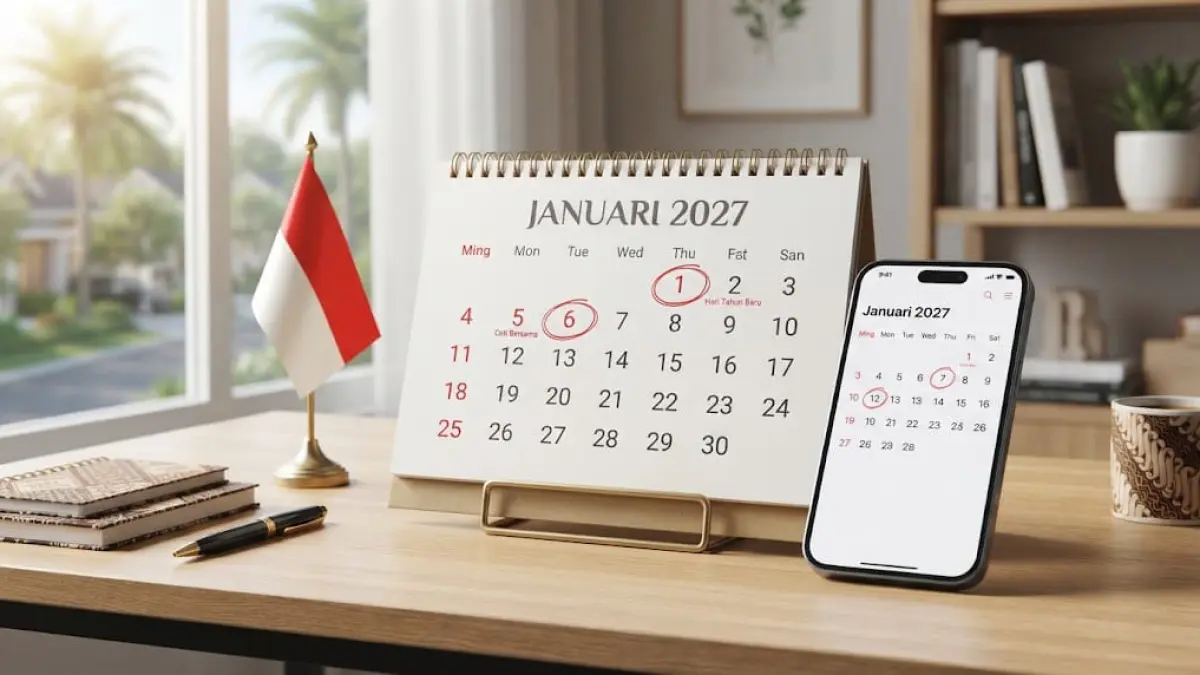 Ilustrasi kalender Januari 2027. Terdapat dua tanggal merah pada Januari 2027, yakni 1 Januari dan 5 Januari. (ai/Sulistiono)