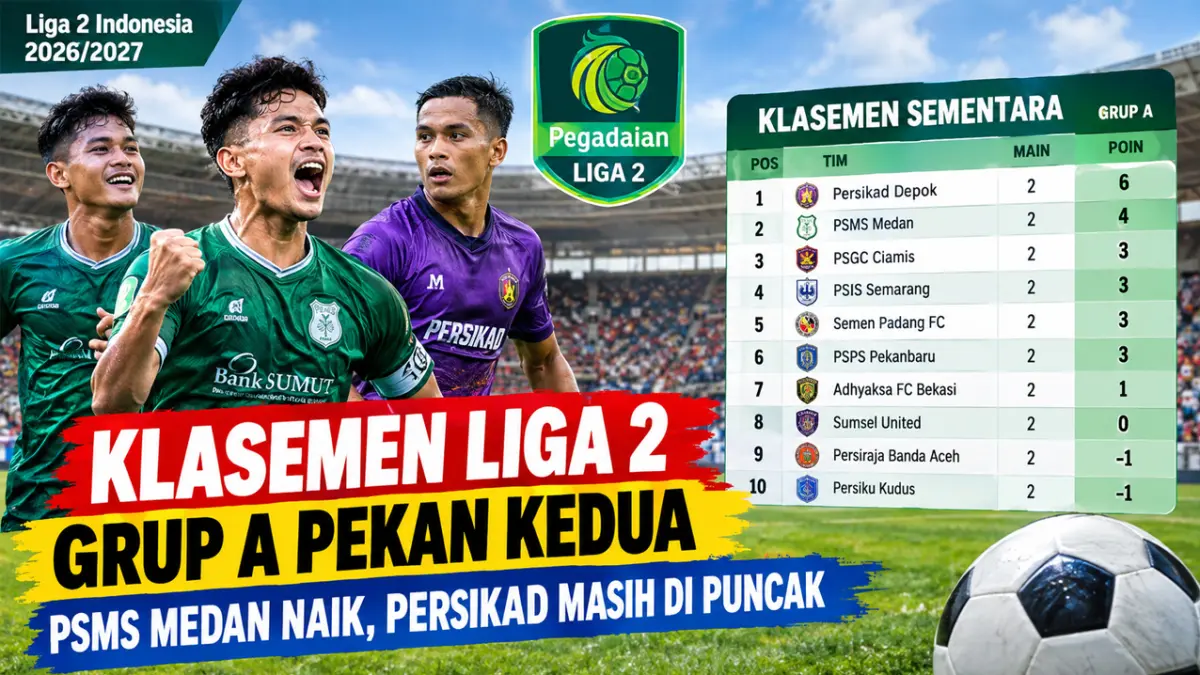 Klasemen Liga 2 Grup A pekan kedua terbaru. Persikad Depok masih di puncak,