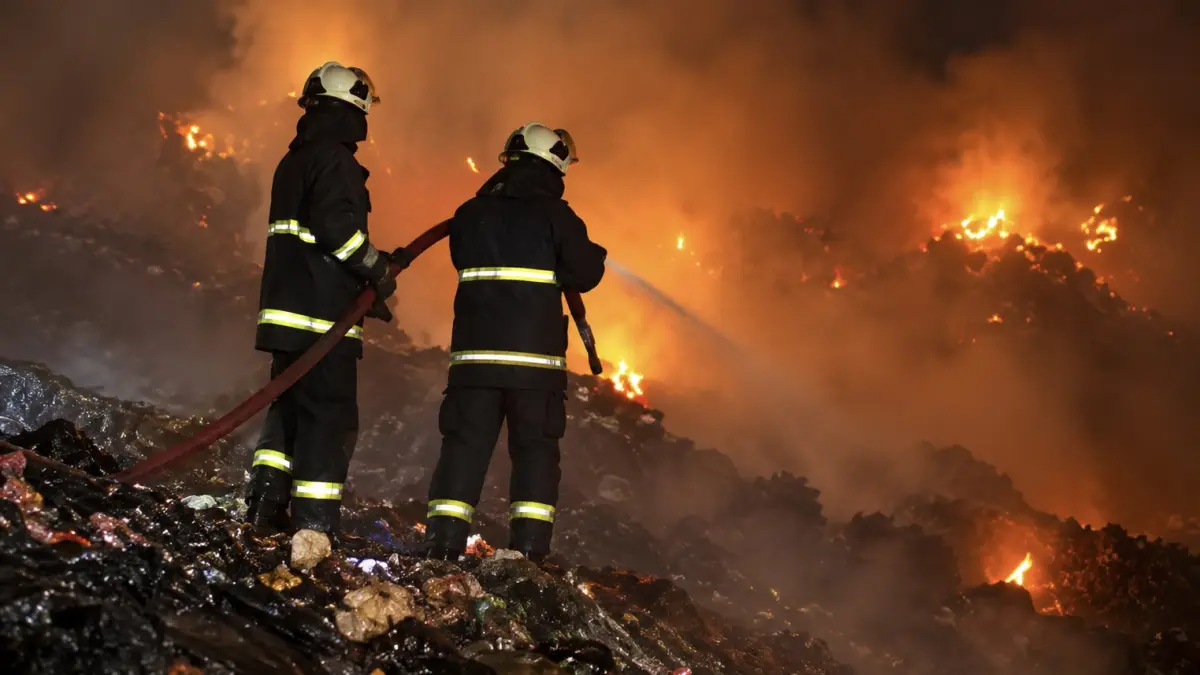 Petugas Damkar Kota Semarang Berjibaku memadamkan api yang melahap zona 3 TPA Jatibarang, Senin (28/9/2026) malam.