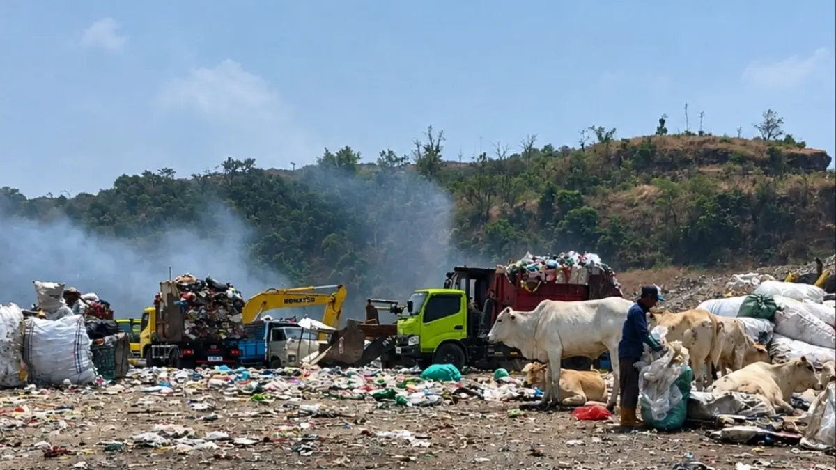 Truk pembuang sampah di TPA Jatibarang Kota Semarang saat masih Kebakaran