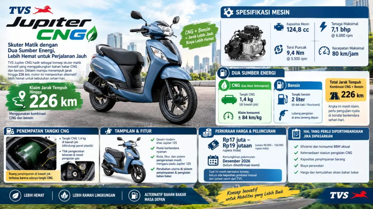 Ilustrasi TVS Jupiter CNG, skuter matik konsep berbahan bakar gas CNG dan bensin yang diklaim mampu menempuh jarak hingga 226 kilometer. Harga jualnya di India diperkirakan setara Rp17 juta hingga Rp19 jutaan, tetapi jadwal produksi massal belum dikonfirmasi. (AI/Sulistiono)