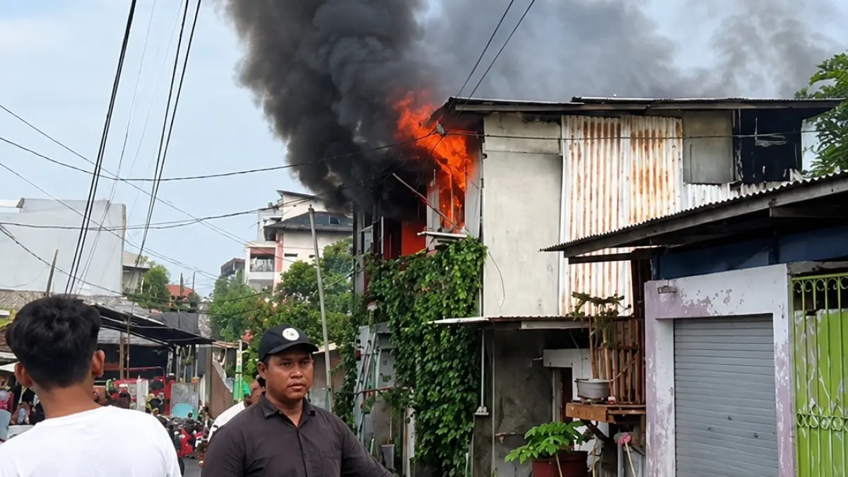 Kobaran api membumbung tinggi disertai asap pekat hitam di rumah lantai dua yang terbakar di Kumudasmoro Semarang Barat, Jumat (9/10/2026).