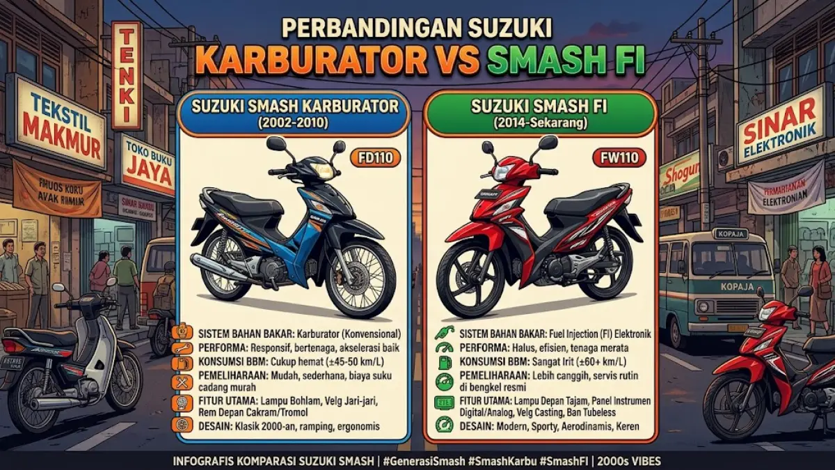 ILUSTRASI — Suzuki Smash generasi karburator dan New Smash FI memiliki perbedaan pada sistem penyaluran bahan bakar dan sejumlah kelengkapan. Tahun produksi, kondisi mesin, serta riwayat perawatan perlu diperiksa sebelum membeli unit bekas. (Ai/Sulistiono)