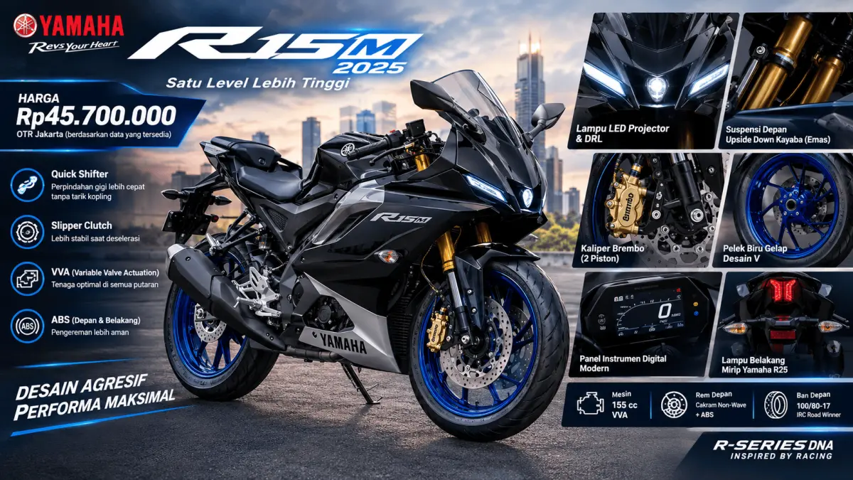 Ilustrasi: Yamaha R15M 2025 merupakan varian tertinggi sekaligus salah satu model termahal dalam keluarga R15. Berdasarkan informasi dalam ulasan yang diberikan, motor sport ini dibanderol Rp45.700.000 untuk wilayah OTR Jakarta. Desainnya juga memiliki kemiripan dengan Yamaha R25,  (Ilustrasi:Sulistiono)