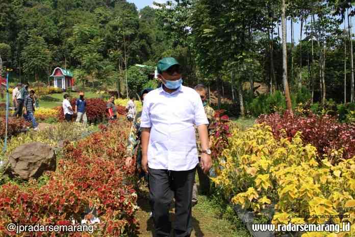Bupati Pekalongan Asip Kholbihi berkeliling taman di objek wisata Linggo Asri Minggu (28/6/2020). (Nanang Rendi Ahmad/Jawa Pos Radar Semarang)