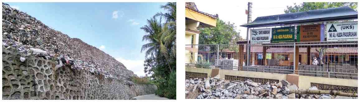 BAU SAMPAH: Sampah di TPA Pasuruhan, Magelang yang menebarkan bau busuk. (kanan) Madrasah Ibtidaiyah An-Nur Deyangan yang terdampak bau busuk sampah TPA. (AGUS HADIANTO/JAWA POS RADAR SEMARANG)