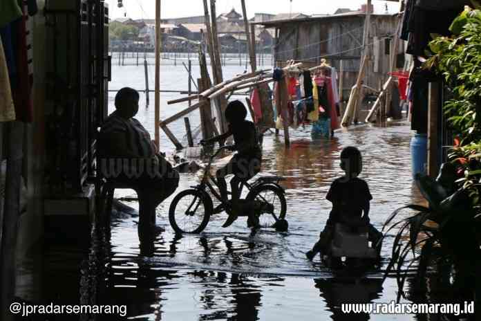 Warga pinggiran Sayung Demak menjalani kehidupan sehari-hari bersama anak-anaknya di tengah kepungan bencana rob. (Nurchamim/Jawa Pos Radar Semarang)
