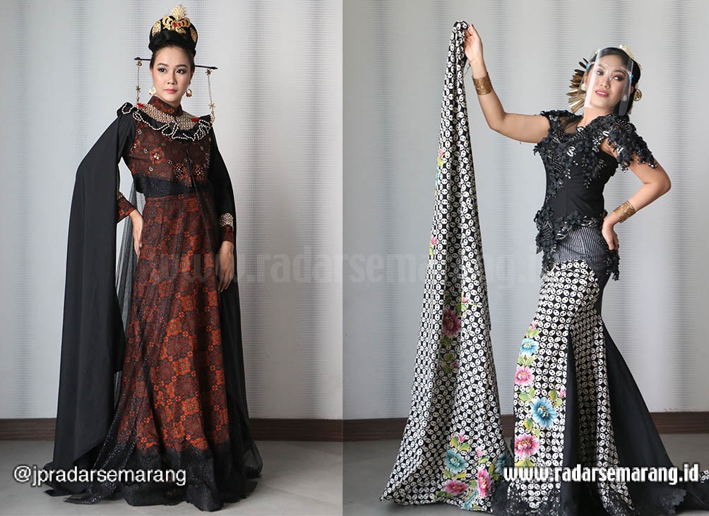 Dua model saat fashion show virtual yang digelar Balai Besar Pengembangan Latihan Kerja (BBPLK) Semarang (13/8/2020). (Nur Chamim/ Jawa Pos Radar Semarang)