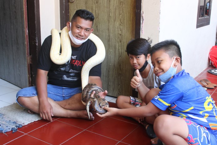 Yosi Adi Kristiyanto saat memberikan edukasi bermain dengan reptil di rumahnya. (Ida Fadilah/Jawa Pos Radar Semarang)