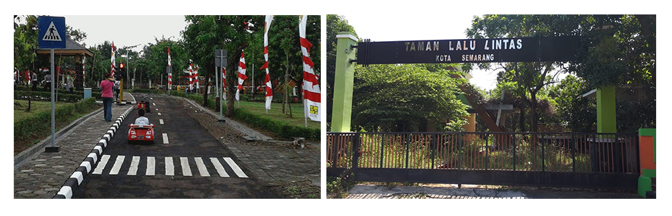 Taman Lalu Lintas Kota Semarang saat diresmikan 2016 (Foto kiri). Pintu masuk Taman Lalu Lintas Kota Semarang tertutup rapat. Kondisi taman terbengkalai, tidak terawat. (Istimewa/Dewi Akmalah/Jawa Pos Radar Semarang)