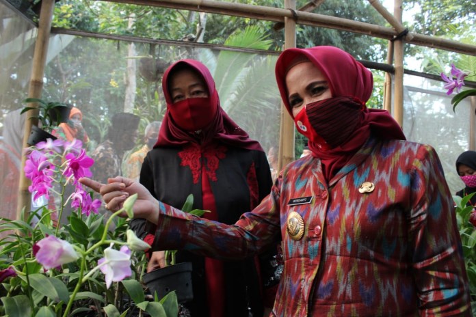 Wakil Wali Kota Magelang Windarti Agustina (kanan) dan Ketua Tim Penggerak PKK Kota Magelang Yetty Biakti Sigit Widyonindito melihat hasil budidaya anggrek di Kebun Anggrek R3, Tidar Campur, Kota Magelang. (Puput Puspitasari/Jawa Pos Radar Semarang)