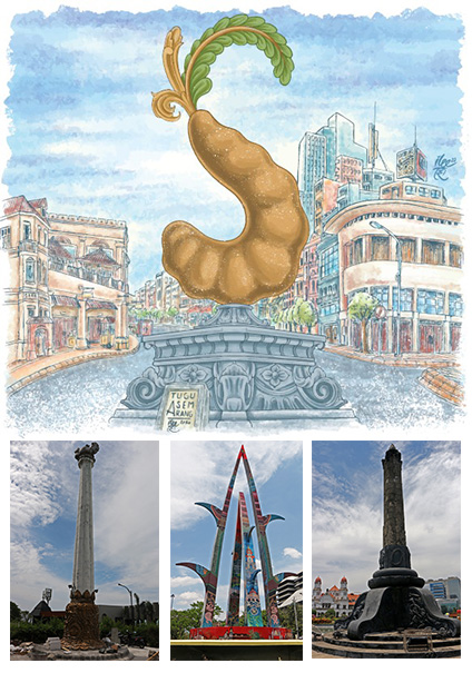 Tiga tugu yang sudah ada di Kota Semarang. Dari kiri ke kanan: Tugu Tabanas, Tugu Air Mancur dan Tugu Muda. Khusus Tugu Air Mancur di Jalan Pahlawan dinilai tidak jelas konsep dan maknanya. (Ilustrasi Tugu Asam: Ibnu Fikri/Foto: Nurchamim/Jawa Pos Radar S