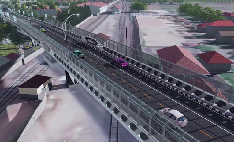 esain flyover Ganefo, Mranggen, Demak yang dibangun di atas perlintasan rel KA Ganefo. Jembatan layang ini memiliki panjang 700 meter, tinggi 7,2 meter dan lebar 13,5 meter. Proyek senilai Rp 109 miliar ini ditarget selesai pada akhir Maret 2022. (Istimew