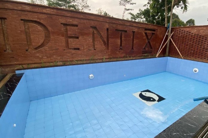 Pohon palem ditanam di pinggir kolam renang pribadi kediaman Irma Susanti untuk menghadirkan suasana pantai. (Adennyar Wycaksono/Radar Semarang)