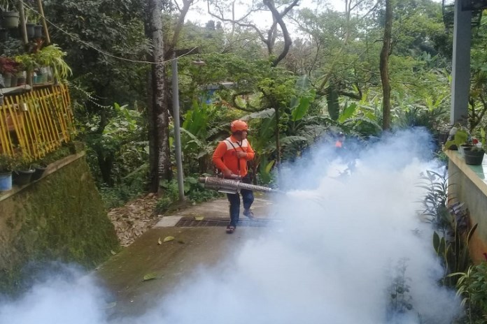 Relawan Baguna Kabupaten Semarang melakukan foging di areal kebun dan lahan kosong di RW 06 Kelurahan Langensari, Ungaran Barat Kamis (11/3/2021). (Istimewa)