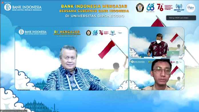 KULIAH DARING : Gubernur BI Perry Warjiyo memberikan kuliah umum secara daring kepada para mahasiswa dan akademisi Undip dalam sinergi kegiatan BI Mengajar. Disambut pula Rektor Undip Prof Yos Johan Utama SH M.Hum, Ketua Senat Akademik Undip Prof Ir Edy R