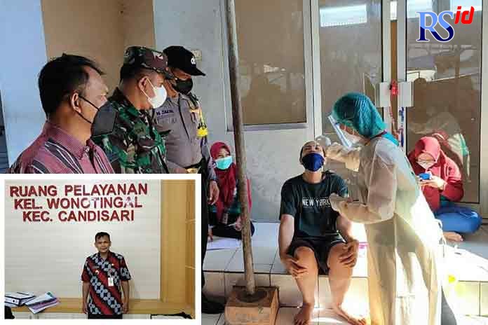 Lurah Wonotingal Soleh dengan Babinsa dan Bhabinkamtibmas memantau tes swab di Pasar Kagok. Soleh (inzet). (HAWIN ALAINA/ JAWA POS RADAR SEMARANG)