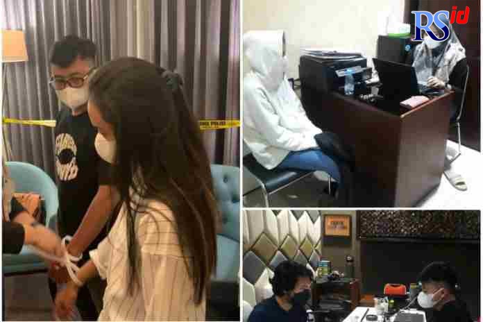 DIGEREBEK: Tersangka GA dan WI saat diamankan di sebuah hotel di Semarang saat transaksi prostitusi online modus threesome dengan pelanggannya. (IST)