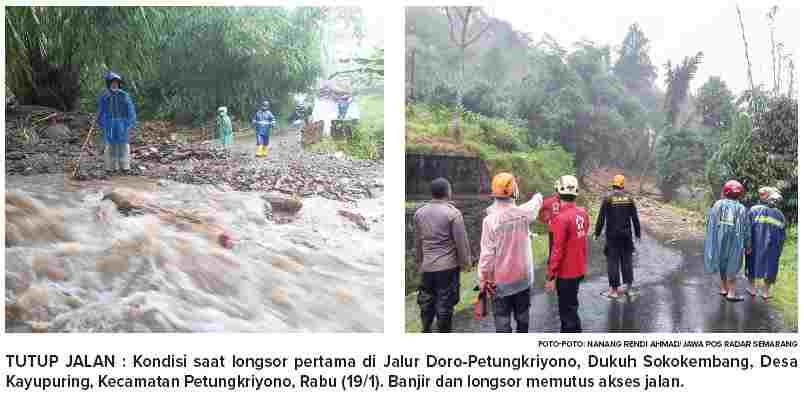 Kondisi saat longsor pertama di Jalur Doro-Petungkriyono, Dukuh Sokokembang, Desa Kayupuring, Kecamatan Petungkriyono, Rabu (19/1). (NANANG RENDI AHMAD/JAWA POS RADAR SEMARANG)