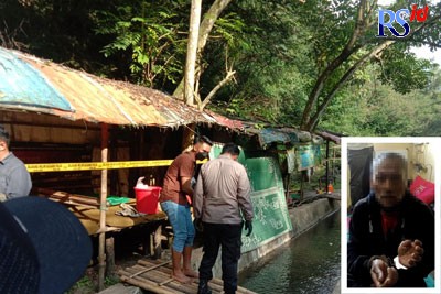 Polisi melakukan olah tempat kejadian perkara pembunuhan. (Inzet) tersangka saat diamakan di Mapolres Salatiga. (Istimewa)