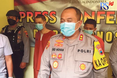 Kapolres Wonosobo AKBP Eko Novan saat gelar perkara kasus kepemilikan psikotropika di Mapolres Wonosobo Kamis (16/6). (Sigit Rahmanto/Jawa Pos Radar Semarang)